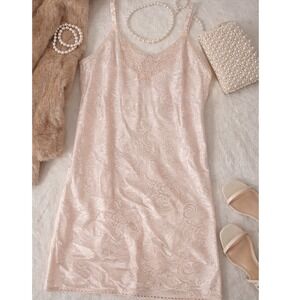 Vintage Y2K Pale Pink Satin Gown Slip Dress S/M Lace Trim Paisley Mini Coquette